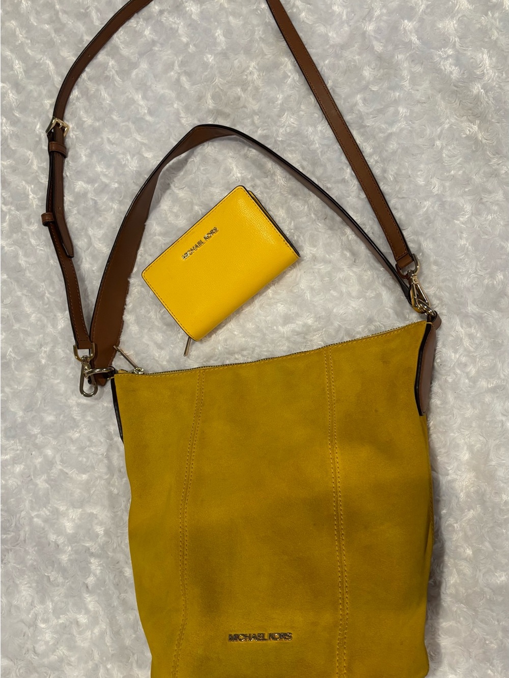 Michael Kors Mustard Yellow Suede Shoulder Bag with Brown Strap